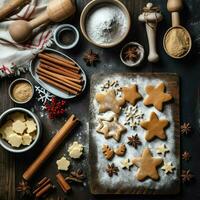 Flat lay of cooking homemade christmas baking ingredients or gingerbread cookies placed on table concept by AI Generated photo