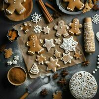 plano laico de Cocinando hecho en casa Navidad horneando ingredientes o pan de jengibre galletas metido en mesa concepto por ai generado foto