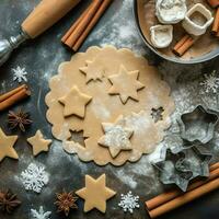 plano laico de Cocinando hecho en casa Navidad horneando ingredientes o pan de jengibre galletas metido en mesa concepto por ai generado foto