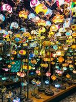 a large display of colorful lamps in a store photo