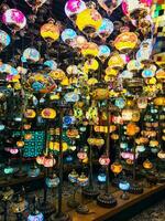 a large display of colorful lamps in a store photo