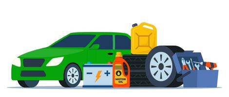 Car and auto service accessories composition with tool kit, gasoline canister and battery. Vector illustration.