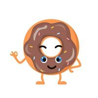 Funny donut character. Cartoon happy pastry mascot smiling and showing OK gesture. Vector illustration.