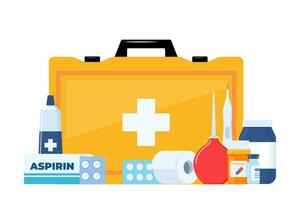 First Aid Kit for ambulance emergency, vehicle, office, travel. Medical help items. Plasters, pills, bandage, aspirin, thermometer. Elements for medical infographics. Vector illustration.