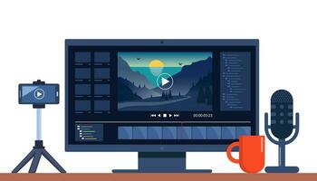 vídeo producción concepto. haciendo visual contenido para social medios de comunicación. software a editar videos en pantalla con naturaleza paisaje escena, cronograma y usuario interfaz. película producción concepto. vector. vector