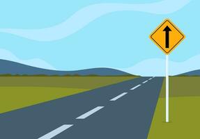 Road sign at side of the empty road. Traffic sign. Road traffic safety. Vector illustration.