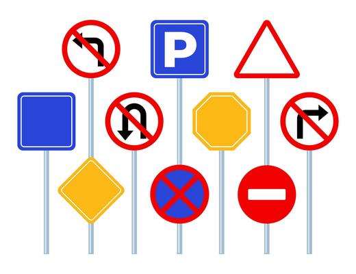 Road signs, set. Traffic signs on white background. Road traffic safety. Vector illustration.