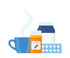 Seasonal cold treatment composition. Bottle of vitamins, tablets, pills and mug with a hot drink. Health care concept. Vector illustration.