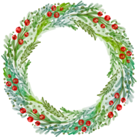 Watercolor wreath with christmas tree branches and holly berries png