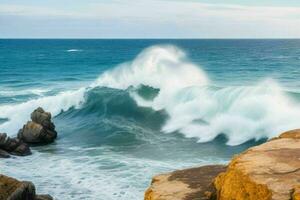 AI generated Sea waves hitting rocks on a beautiful beach. Pro Photo