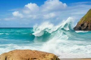 AI generated Sea waves hitting rocks on a beautiful beach. Pro Photo