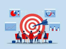 Team Business working on table with dartboard target. Business leadership, cooperation, partnership, team work symbol. Flat vector illustration