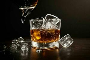 AI generated whiskey splash with ice cubes. Pro Photo