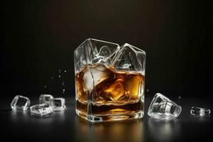 AI generated whiskey splash with ice cubes. Pro Photo