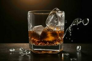 AI generated whiskey splash with ice cubes. Pro Photo