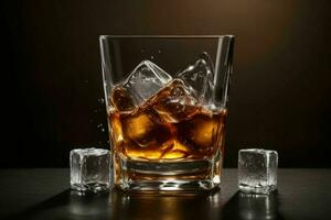 AI generated whiskey splash with ice cubes. Pro Photo