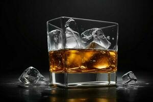 AI generated whiskey splash with ice cubes. Pro Photo