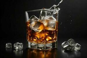 AI generated whiskey splash with ice cubes. Pro Photo