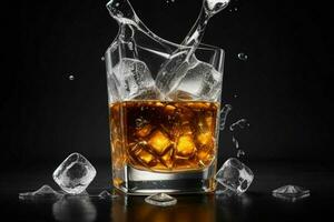 AI generated whiskey splash with ice cubes. Pro Photo