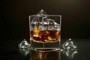 AI generated whiskey splash with ice cubes. Pro Photo