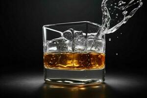 AI generated whiskey splash with ice cubes. Pro Photo