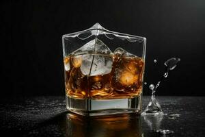 AI generated whiskey splash with ice cubes. Pro Photo