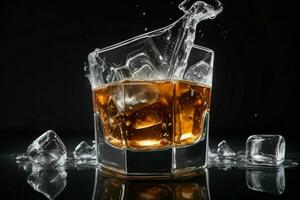 AI generated whiskey splash with ice cubes. Pro Photo