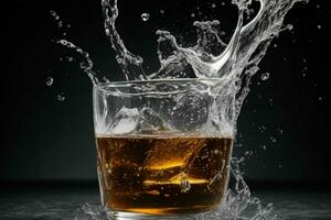 AI generated Rum splash with ice cubes. Pro Photo