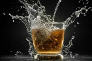 AI generated Rum splash with ice cubes. Pro Photo