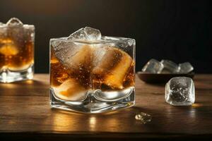 AI generated Rum splash with ice cubes. Pro Photo