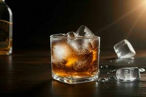 AI generated Rum splash with ice cubes. Pro Photo