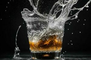 AI generated Rum splash with ice cubes. Pro Photo