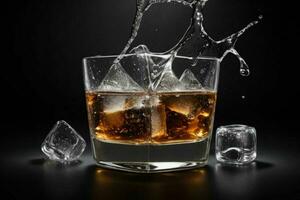 AI generated Rum splash with ice cubes. Pro Photo