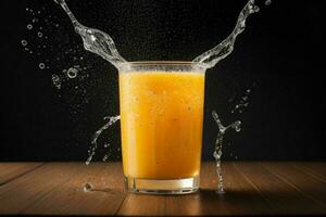 ai generado naranja jugo chapoteo con hielo cubitos. Pro foto