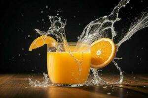 AI generated Orange juice splash with ice cubes. Pro Photo