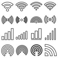 Signal set vector icons. Radio signals waves and light rays, radar, wifi, antenna and satellite signal symbols. Wireless technologys. Vector illustration.