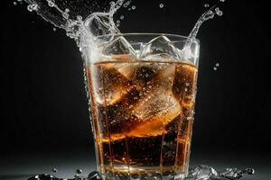 AI generated Cola splash with ice cubes. Pro Photo