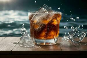 AI generated Cola splash with ice cubes. Pro Photo