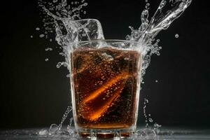 AI generated Cola splash with ice cubes. Pro Photo