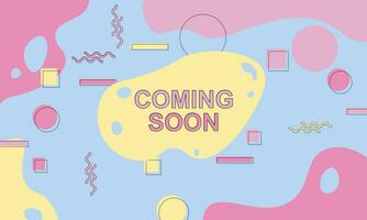 Coming soon banner background with colorful memphis elements. vector