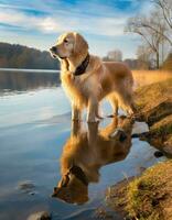 Majestic Golden Retriever Enjoying Nature by the Lake with Sky and Clouds Reflection photo