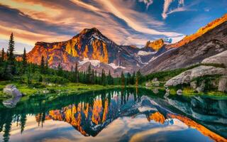 AI generated Mountain landscape, forest stones and lake with reflection photo