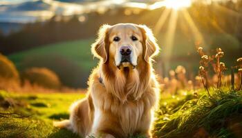 AI generated Beautiful golden retriever sitting on a bright flower meadow photo