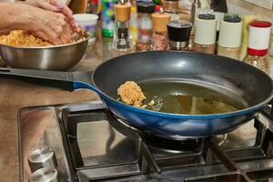 Delicious Swan Cutlets Being Fried in Home Kitchen Frying Pan photo