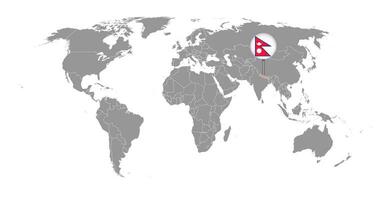 Pin map with Nepal flag on world map. Vector illustration.