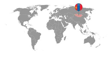 Pin map with Mongolia flag on world map. Vector illustration.