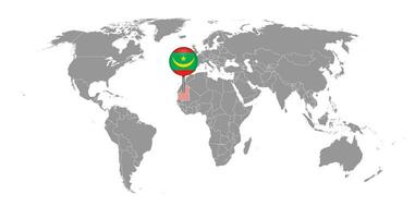 Pin map with Mauritania flag on world map. Vector illustration.