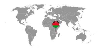 Pin map with Malawi flag on world map. Vector illustration.