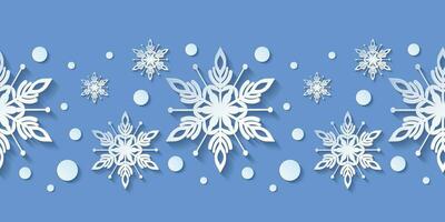 invierno sin costura modelo con papel cortar copos de nieve. Navidad diseño 3d ilustración en azul de colores antecedentes para presentación, bandera, cubrir, web, volantes, tarjeta, venta, póster y social medios de comunicación vector