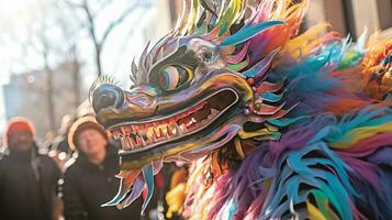 ai generado vistoso chino nuevo año calle desfile presentando majestuoso continuar danza y festivo atmósfera foto